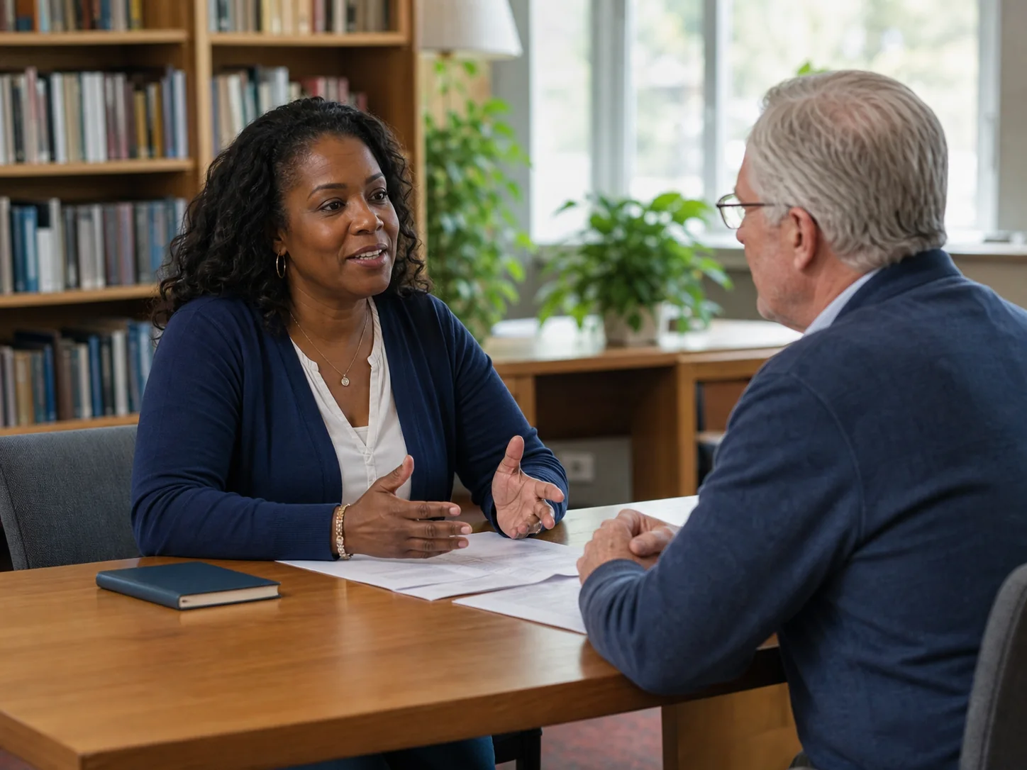 A job seeker practicing an interview with a volunteer professional